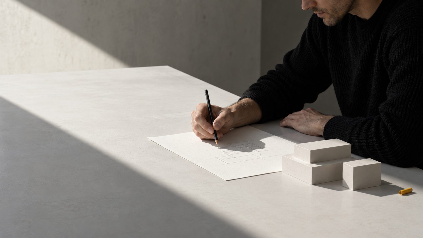 A designer working through a plan at a stone desk