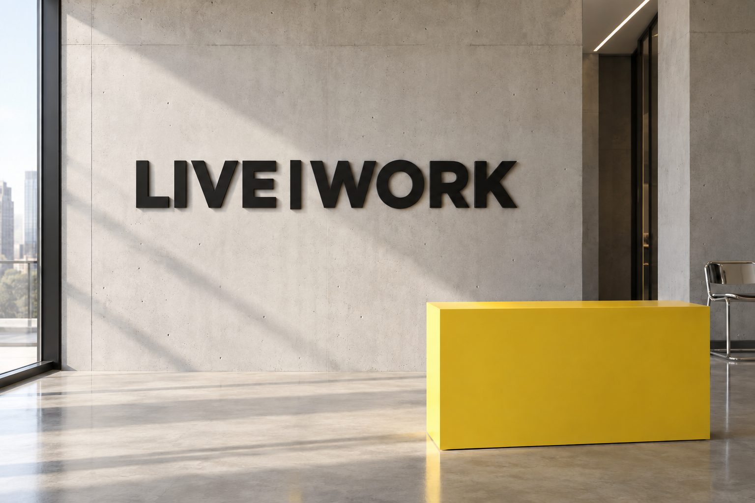 The LIVEWORK reception, concrete wall with the wordmark and a yellow desk