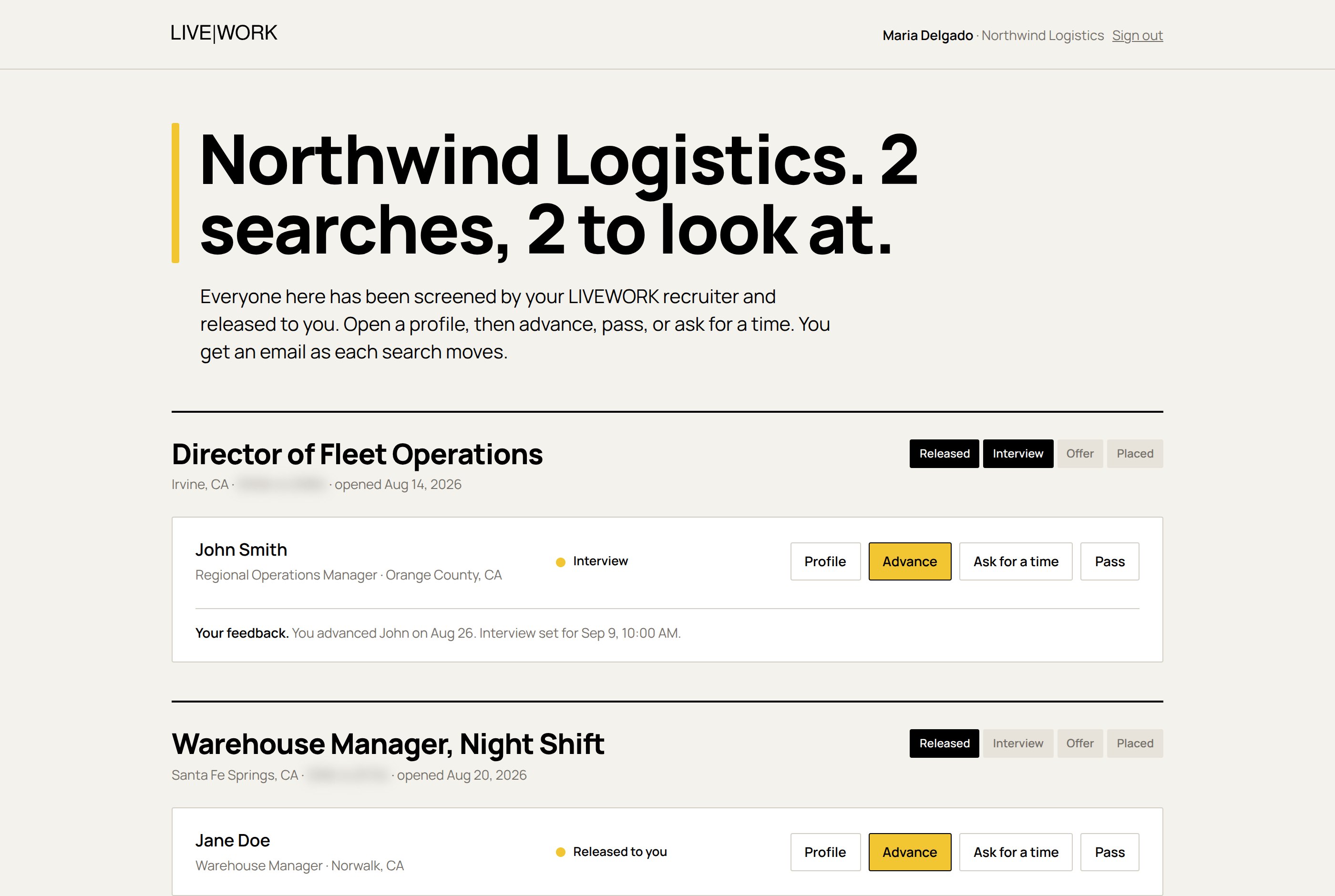 The LIVEWORK client room showing two open searches and released candidates